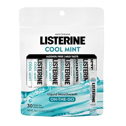 Listerine On-The-Go Cool Mint Alcohol Free Mouthwash Packets, Oral Rinse in Individual Packets Kills Bad Breath Germs, Less Intense Taste, Cool Mint Flavor, Mini Travel Size, 0.33 fl oz., 30 Pack - Image 1