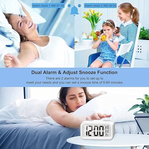 KAIJIELY Upgraded Digital Alarm Clock, 4.3" LED Display with Temperature Larger Lound Light Control Portable Snooze Calendar Brightness with Battery Powered Alarm Clocks Bedside for Everyone (White) thumbnail 5