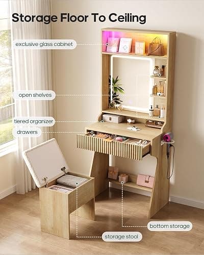 HAUOMS Small Vanity Desk with Mirror and Lights, Sound Sync LED Lights, Fluted Wood Compact Makeup Vanity Table Set with Teddy Fleece Chair, Storage Drawer, Shelves, Bedroom (Oak) thumbnail 8