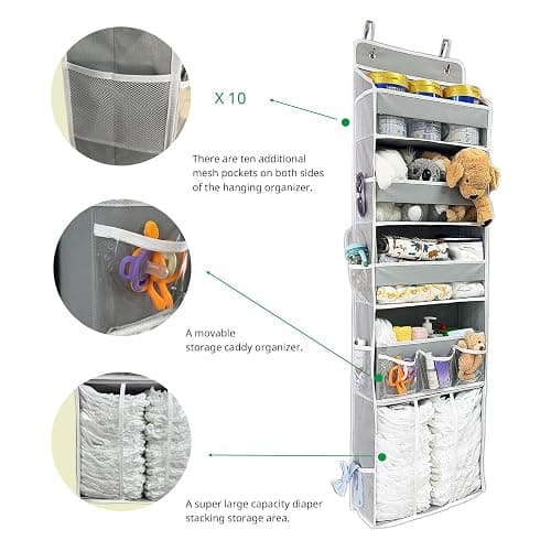 Door Hanging Storage Organizer,with 3 Bins 1 Movable Baby Diaper Caddy,1 Large capacity diaper stacking storage Organizer,10 Side Pockets ,Bedroom Door Storage for Nursery Baby Essentials.Grey 1 Pack. thumbnail 5