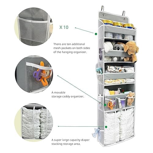 Door Hanging Storage Organizer,with 3 Bins 1 Movable Baby Diaper Caddy,1 Large capacity diaper stacking storage Organizer,10 Side Pockets ,Bedroom Door Storage for Nursery Baby Essentials.Grey 1 Pack. - grey thumbnail 5