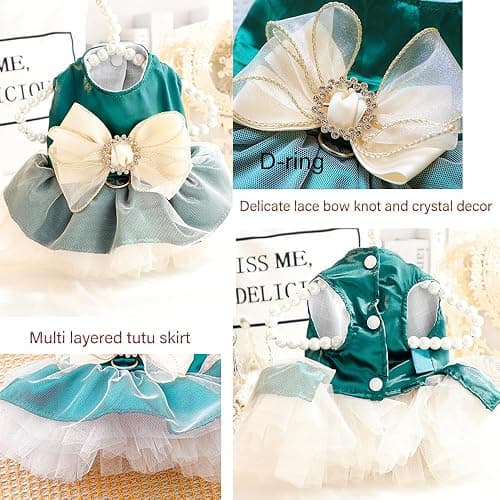 ANIAC Retro Dog Tulle Dress with Leash Ring Spring Summer Girl Puppy Clothes for Small Dog Cat Apparel Formal Pet Prom Dress for Christmas Wedding Birthday Valentines (Green,Medium) thumbnail 4