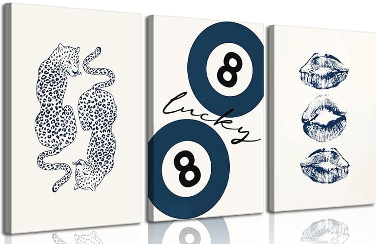 Navy Leopard Wall Art Set of 3 Trendy Lucky 8 Ball Kiss Lips Wall Decor Pictures Funky Blue Cheetah Preppy Aesthetic Posters Prints for Girls Bedroom Apartment Dorm Home Decoration 16x24in - Image 1