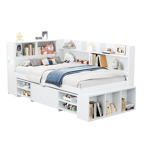 Merax Stylish Single Bed, 3FT Bed Frame with Drawers, Bookcase and Storage Cupboard, Multifunctional Wooden Single Bed Frame with Storage, Children's Bed, Slatted Frame, White, 90x190cm thumbnail 7