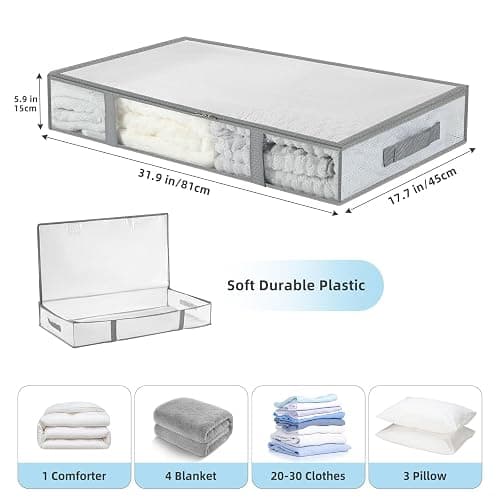 4-Pack Under Bed Storage Containers, Humid-proof Material Plastic Underbed Storage Bins, Blanket/Clothes Storage Bags with Lids, Bedding Comforter/Sheet/Closet Organizer and Storage thumbnail 3