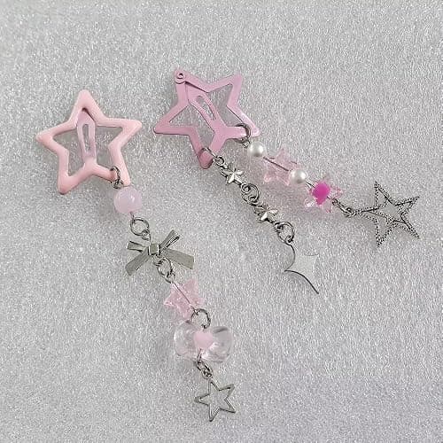 FFLaiwah Y2k Kawaii Star Hair Clips with Charms, Candy Colors, Bow Moon Heart Coquette Aesthetic Barrettes Beads Tassel Glitter Sparkly Star Hair Clips Accesssories for Women-Pink thumbnail 5