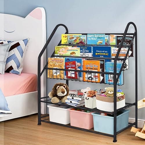 aboxoo Metal Kids Bookshelf Black Large Freestanding for Children Room 32 in Toy Organizer Large Stable Bookcase Bookstore Library Book Unit Storage Kids Bed Living Room thumbnail 2