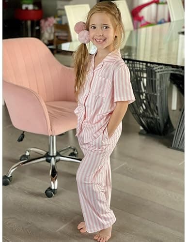 Arshiner Pajamas for Girls Short Sleeve Long Pants Outfit 2 Piece Sleepwear Button Pjs Sets thumbnail 3