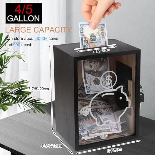 Mczxon Clear Piggy Bank with Lock, Large Money Saving Jar Money Bank Box Container for Cash Saving, Openable Clear Money Coin Change Bank Jar Container Penny Piggy Jar Bank for Adults Kids, Black thumbnail 2