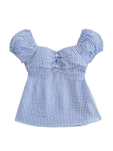 SOLY HUX Girl's Gingham Tops Y2K Cute Blouse Summer Sweetheart Neck Shirts Aesthetic Clothes - Image 1