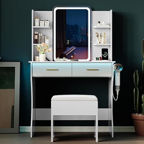 Vanity Desk with LED Lights Mirror & Power Outlet, Small Makeup Vanity Table Set with Storage Drawers & Chair, 3 Lighting Modes & Adjustable Brightness, Dressing Table for Women Girls Bedroom, White thumbnail 9
