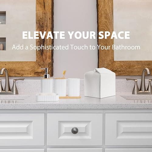 Bathroom Accessory Set - 10 Piece White Bathroom Sets Complete with Trash Can, Toothbrush Holder & Cup, Soap Dispenser, Soap Dish, Toilet Brush & Holder, Vanity Tray, Qtip Holder, Tissue Box Cover thumbnail 3