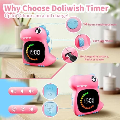 Visual Timer for Kids Toddler Timer Visual Countdown Pink Dinasuor Design Timers for Classroom Home Study Playing thumbnail 5