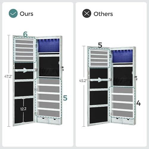 SONGMICS 6 LEDs Mirror Jewelry Cabinet, 47.2-Inch Tall Lockable Wall or Door Mounted Jewelry Armoire Organizer with Mirror, 2 Drawers, Christmas Gift, 3.9 x 14.6 x 47.2 Inches, Rustic Green thumbnail 7