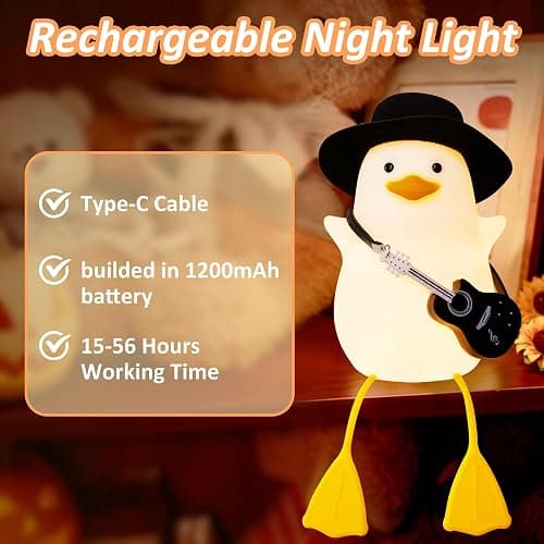Anywin Duck Night Light, Squishy Duck Lamp, Silicone Bedside Light Up Funny Duck with Dimmer & Rechargeable. Birthday Gifts for Friends Women(Guitar Duck) thumbnail 7