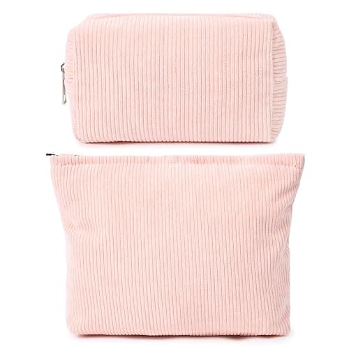 SOIDRAM 2 Pieces Makeup Bag Large Corduroy Cosmetic Bag Capacity Canvas Mix Travel Toiletry Bag Organizer Cute Makeup Brushes Aesthetic Accessories Storage Bag for Women, Corduroy Mix Pink - Image 1