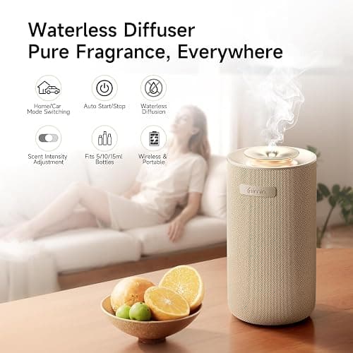 Waterless Essential Oil Diffuser for Home & Car, Cordless Portable Diffuser | Rechargeable 2-in-1 home/car mode switch, auto start-stop & adjustable scent. Fits 5/10/15ml bottles. Cream finish. thumbnail 2