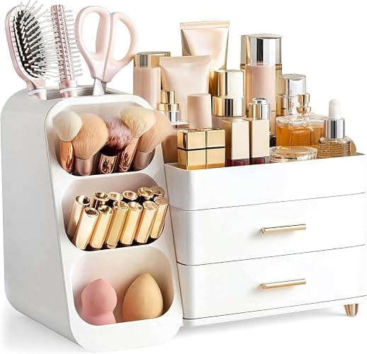 HBlife Makeup Organizer with Brush Holder for Vanity, Large Plastic Bathroom Countertop Organizer Skin Care Storage, Easy to Store Lipsticks, Nail Polishes, Perfumes, Eyeshadow Palettes, All White - Image 1