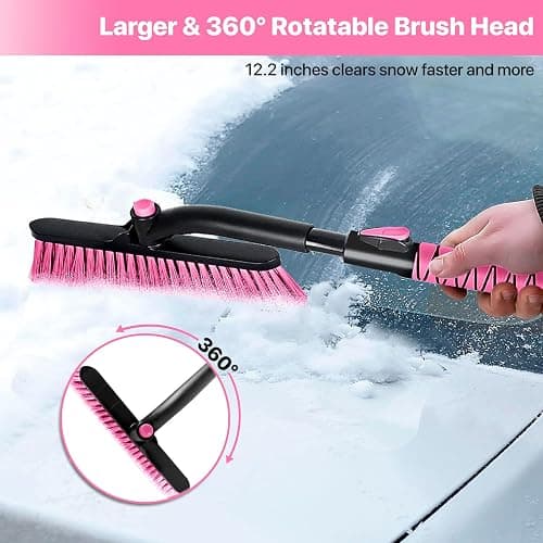 OUSHASAA 44" Ice Scraper and Snow Brush for Car Windshield with Extendable, 360° Pivoting, Soft Bristle Head, Foam Grip, for Car, Truck, SUV Window Tool (Pink) thumbnail 3
