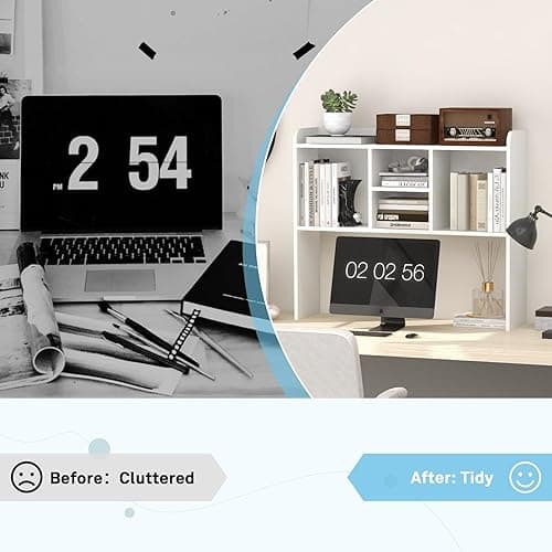 COBANA Desktop Bookshelf, Countertop Storage Hutch with 5 Shelves for Computer Desk, Desk Shelf for Top of Desk Organizer for Office Home Dorm, White - White thumbnail 6