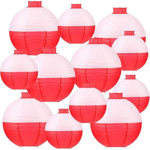 Set of 12 Fishing Bobber Round Paper Hanging Lanterns Fishing Birthday Decorations Hanging Paper Lanterns for Fishermen Theme Party Decoration Supplies, 12 Inches, 8 Inches (Red and White) - Image 1
