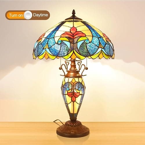 Pterying Tiffany Lamp, 24'' Tall Tiffany Table Lamp with Retro Pull Switch, 3 LED Bulbs Included, Vintage Living Room Bedroom Home Office Bedside Reading Lamp thumbnail 5