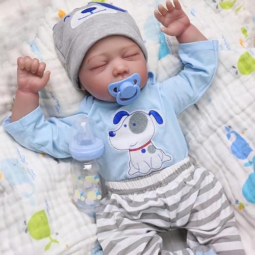 SYP Reborn Baby Dolls Boy - 20-Inch Realistic Reborn Dolls Boy in Blue Puppy Outfit, Grey Striped Trousers, Sleeping Position Real Life Baby with Dolls Accessories for Kids Age 3+ thumbnail 2