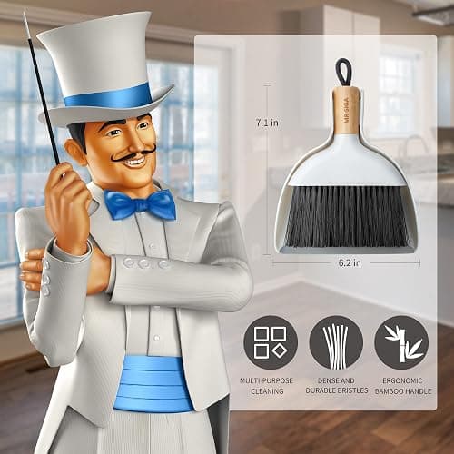 MR.SIGA Mini Dustpan and Brush Set, Bamboo Handle, White, 1 Set | Portable cleaning brush and dustpan combo, handheld brush and dustpan combo with hanging loop thumbnail 2