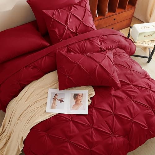 CozyLux King Size Comforter Set Dark Red, 7 Pieces Pintuck Bed in A Bag Red Comforter King Size, Pinch Pleat Bedding Set with All Season Comforter, Sheets, Pillowcases & Shams thumbnail 4