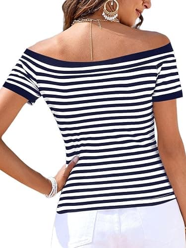 LilyCoco Off The Shoulder Tops for Women Striped Short Sleeve Sexy Going Out Top thumbnail 2