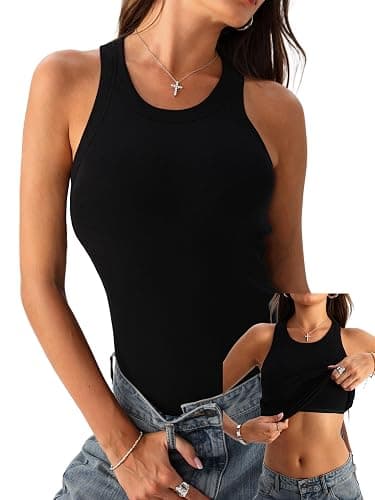 Danysu Racerback Tank Tops with Built in Bra for Women High Neck Ribbed Basics Fitted Long Bra Tanks - Image 1