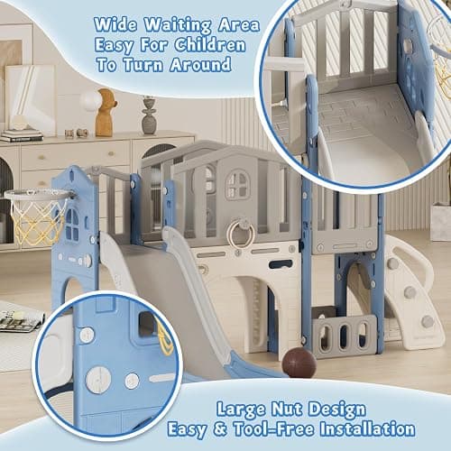 8 in 1 Toddler Slide Set, Kids Slide for Toddlers Age 1-3, Toddler Climber Slide PlaySet with Basketball Hoop and Ball, Outdoor Indoor Kids Playground for Toddlers 1-3, Blue Grey thumbnail 4