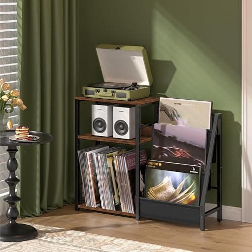 LELELINKY Record Player Stand with Vinyl Storage, 3 Tier Turntable Stand with Display Shelf Storage Up to 150 Albums,Brown End Table for Living Room thumbnail 2