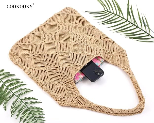 COOKOOKY Crochet Beach Tote bag Summer Beach Bag for Women Aesthetic Mesh Tote Bag Hippie Bag Knit Bag thumbnail 4