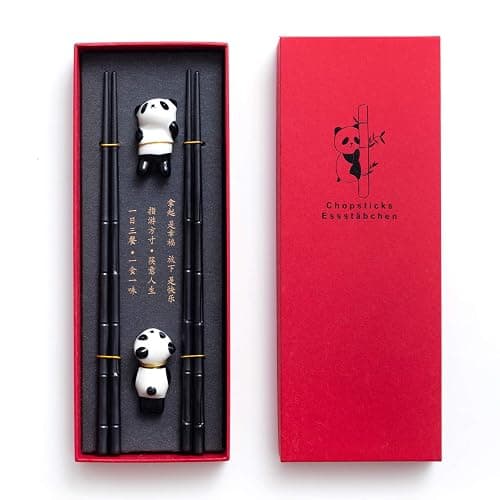 HauSun 2 Pairs Chopsticks and Chopstick Rest Gift Set- Dishwasher Safe Reusable Fiber Glass Chopsticks + Porcelain Cute Panda Chopstick Holder, Non-slip Chinese Japanese Style, Black - Image 1