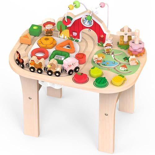 Weilim Montessori Activity Table for 1 Year Old, Wooden Farm Toddler Toy | Busy Activity Center with Bead Maze, Shape Sorter, Train Track & Spinning Gears—Sensory Play That Grows Fine Motor Skills - Image 1