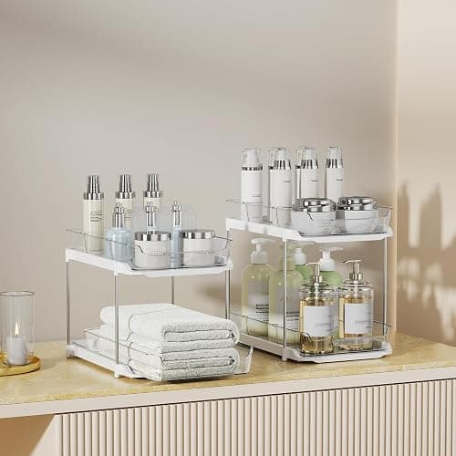 Delamu 4 Pack 2-Tier Bathroom Under Sink Organizers and Storage, Multi-Purpose Stackable Pantry Organization and Storage, Pull Out Clear Kitchen Bathroom Cabinet Organizer with Movable Dividers, White thumbnail 4
