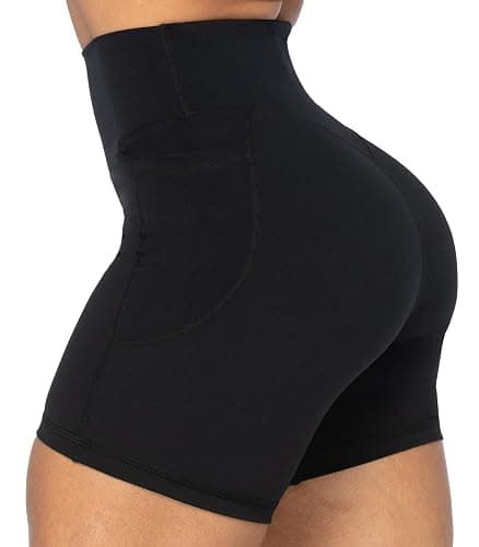 Sunzel No Front Seam Biker Shorts for Women with Pockets, Yoga Workout Gym Bike Shorts with Tummy Control - 5" Inseam - Medium - Black thumbnail 3