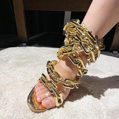 Frankie Hsu Luxury Women's Ankle Leg Lace Up Gold Link Chain Clear PVC Strappy Stiletto Round Toe High Heeled Sandals thumbnail 3