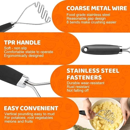 Potato Masher Set of 2 Pieces, 10.25-Inch Stainless Steel Wire Mashed Potato Masher, Kitchen Gourmet Making Tools Professional Integrated Honeycomb, For Vegetable, Fruit, Melon, Potato Etc, Black thumbnail 3