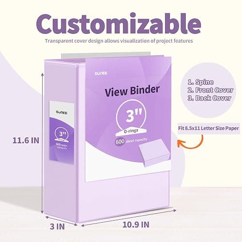 SUNEE 3 Ring Binder, 3 Inch, PVC-Free (Fit 8.5x11 Inches), 2 Pack, Clear View, Purple - 3 Inch - 2 Pack - Purple thumbnail 3