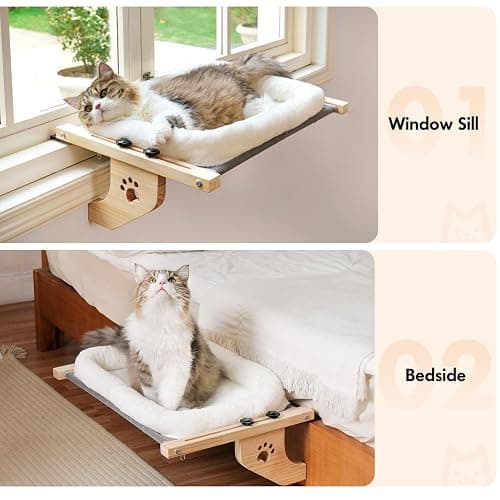 AMOSIJOY Cat Sill Window Perch Sturdy Hammock Window Seat with Cushion Bed Cover, Wood & Metal Frame for Large Cats, Easy to Adjust Cat Bed for Windowsill, Bedside, Drawer and Cabinet (M) thumbnail 7