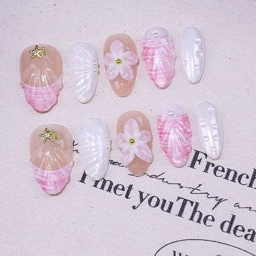 10 Short Almond Handmade Press On Nails | 3D Floral with Cute Water Drop Decor&Starfish&Seashell,New styles for Autumn & Winter | Skip Salon Trips, Easy to Apply & Remove, Reusable (Seashell（XS）, XS) - Image 1