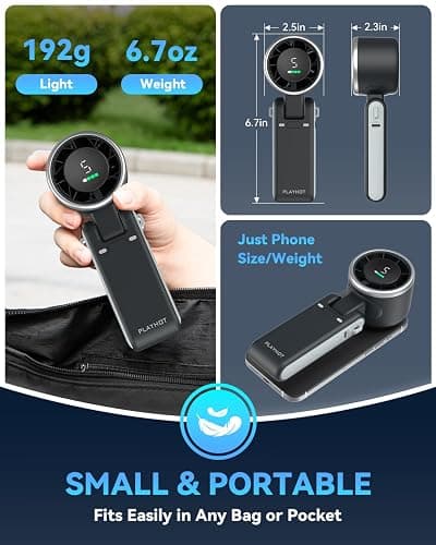 PlayHot Portable Handheld Turbo Fan, Travel Essentials, Gifts for Women/Men | 5-Speed, Up to 12H, 10m/s Airflow, USB-C Rechargeable, LED Display, 3-in-1 Foldable Personal Fan for Cruise, Beach, Vacation thumbnail 6