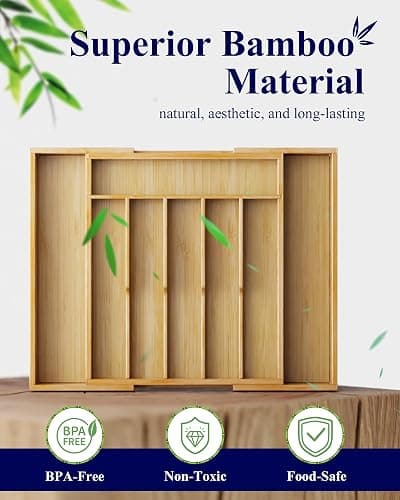 Kitsure Silverware Organizer - Expandable Bamboo Kitchen Drawer Organizer, Adjustable Cutlery Tray for Kitchen Storage & Organisation, 33.6 x 4.5 x 29.0-47.0 cm thumbnail 4