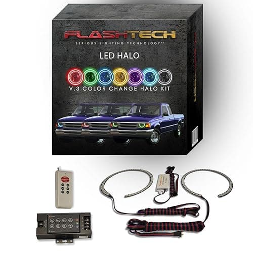 Flashtech LED RGB Multi Color Halo Ring Headlight Kit with V.3 Fusion Color Change RF Remote Compatible With Ford Ranger 93-97