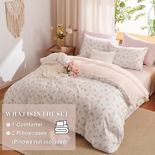 Erwinmu Floral Comforter Set Queen Size Pink Bedding Sets for All Season | Pink White Floral Comforter 3 Pieces,Reversible Queen Bed in a Bag,Flowers Coquette Aesthetic Comforter and 2 Pillowcases thumbnail 2