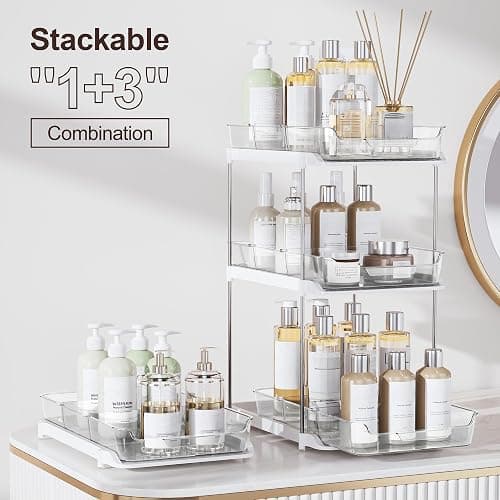 Delamu 2-Tier Multi-Purpose Bathroom Under Sink Organizers and Storage, Stackable Kitchen Pantry Organization, Pull Out Medicine Cabinet Organizer with Movable Dividers, White, 2 Pack thumbnail 3
