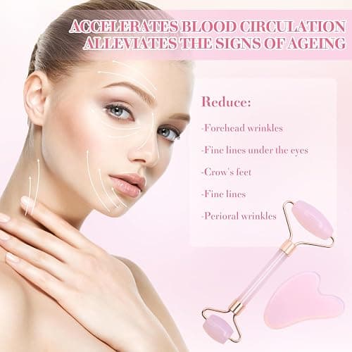 VEGCOO Rose Quartz Face Roller Gua Sha Set, Pink Jade Roller for Women, Gua Sha Stone Massage Tool for Skincare, Facial, Neck and Body Muscle Relaxing thumbnail 3