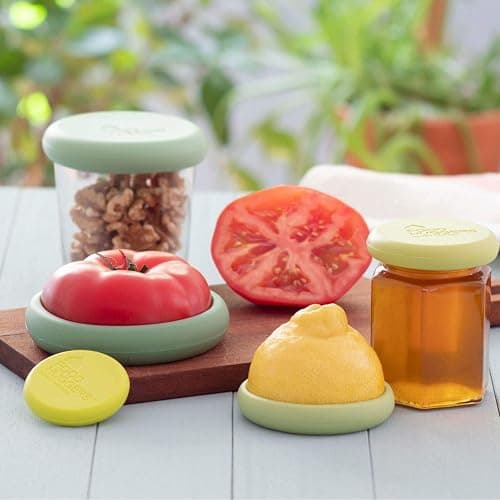Food Huggers 5pc Reusable Silicone Food Savers | BPA Free & Dishwasher Safe | Fruit & Vegetable Produce Storage for Onion, Tomato, Lemon, Banana, Cans & More | Round, Sage Green thumbnail 2